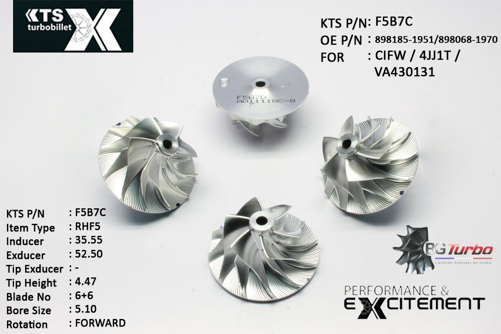 Turbo ROUE FORGÉE MFS PERFORMANCE - 6+6 PALES - INDUCER : 35,55 - EXDUCER : 52,5 - TYPE : RHF5ANGLE : 60° - ROTATION : Forward - SUPER BACK : 1,53 - BORE SIZE : 5,1
